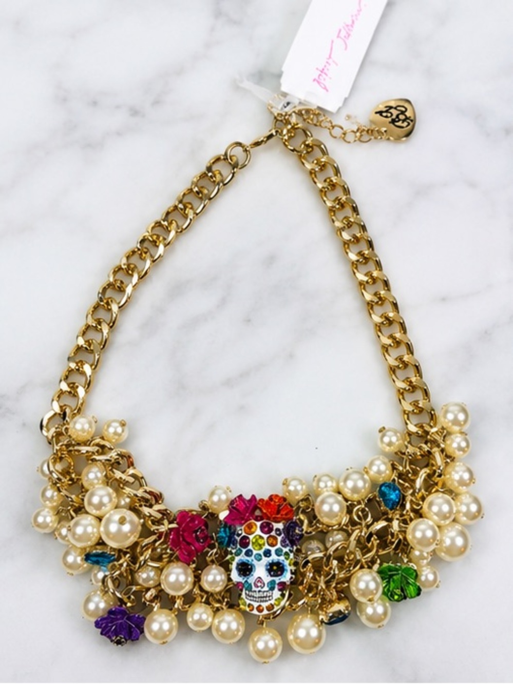 NWT BETSEY JOHNSON HALLOWEEN BIB NECKLACE FAUX PEARL SUGAR SKULL FLORAL $148